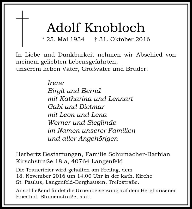  Traueranzeige für Adolf Knobloch vom 12.11.2016 aus Rheinische Post