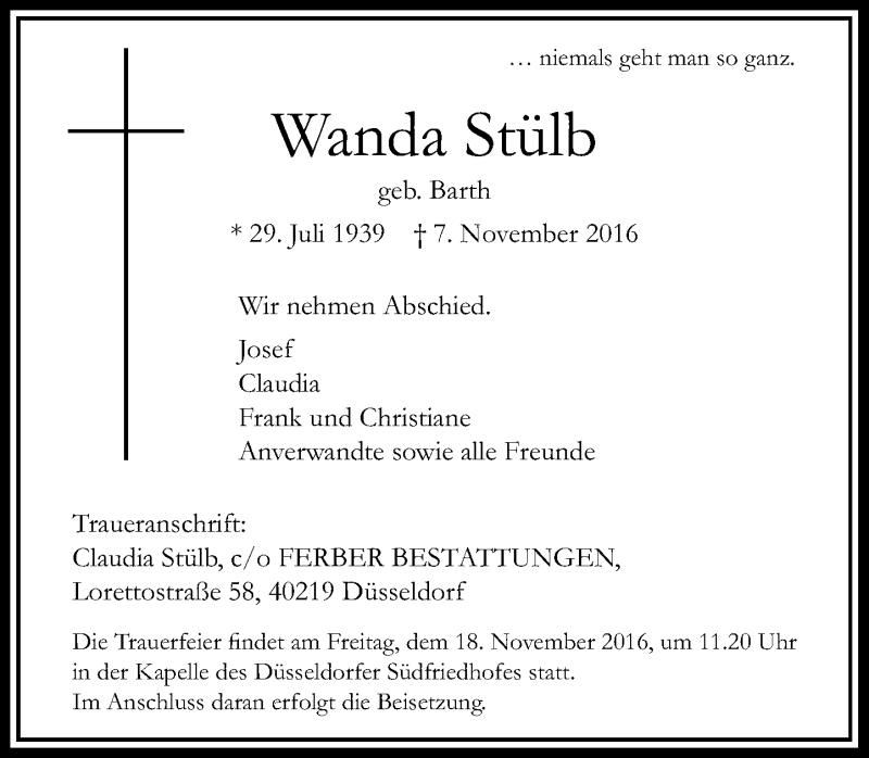  Traueranzeige für Wanda Stülb vom 12.11.2016 aus Rheinische Post