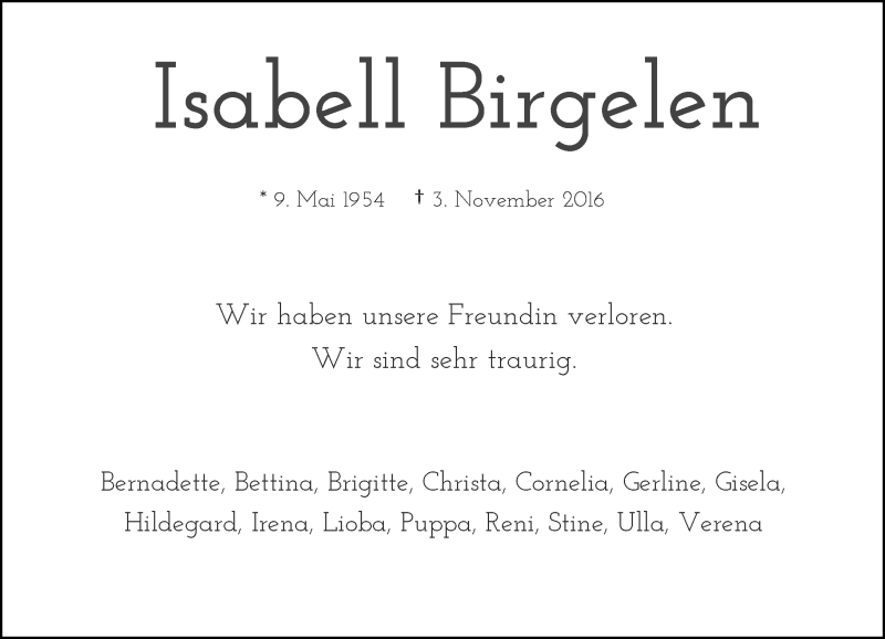  Traueranzeige für Isabell Birgelen vom 08.11.2016 aus Rheinische Post