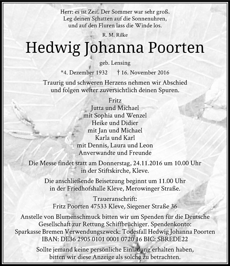  Traueranzeige für Hedwig Johanna Poorten vom 19.11.2016 aus Rheinische Post