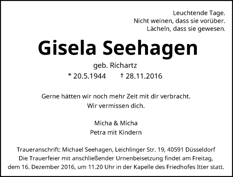  Traueranzeige für Gisela Seehagen vom 10.12.2016 aus Rheinische Post