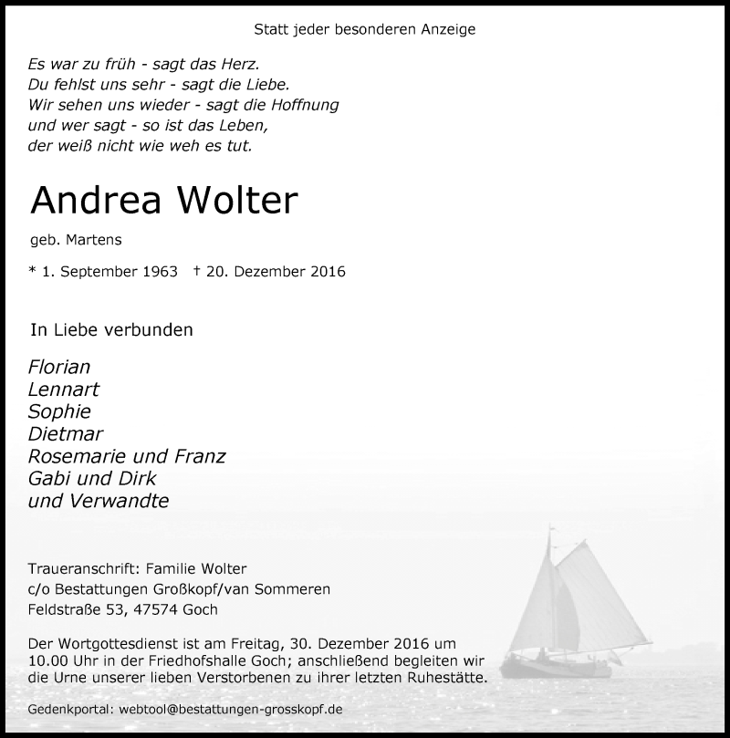  Traueranzeige für Andrea Wolter vom 28.12.2016 aus Rheinische Post