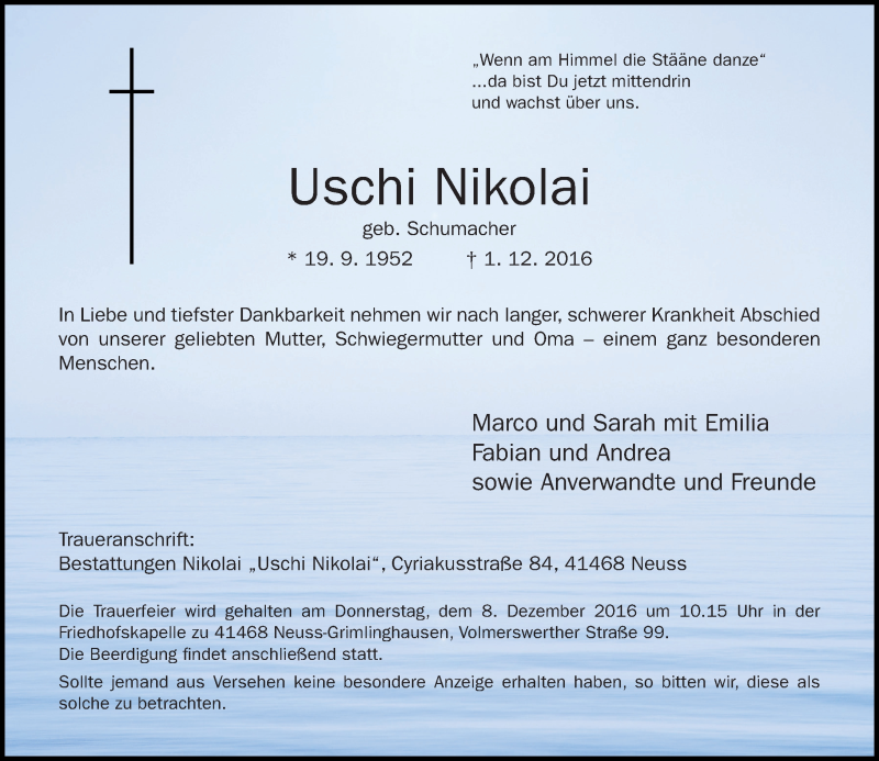  Traueranzeige für Uschi Nikolai vom 03.12.2016 aus Rheinische Post