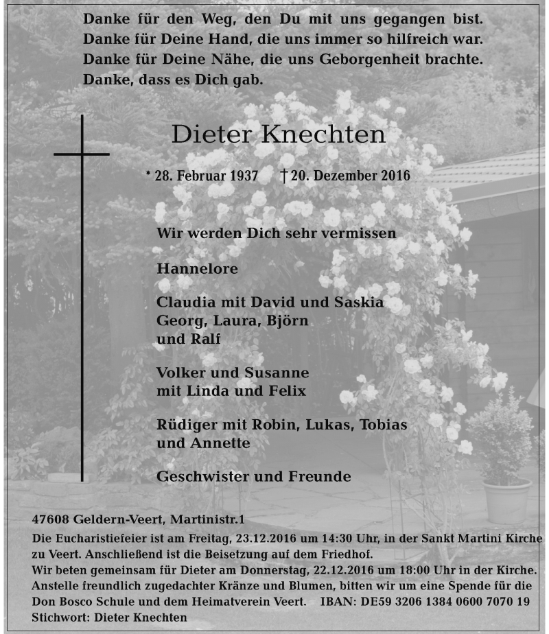  Traueranzeige für Dieter Knechten vom 21.12.2016 aus Rheinische Post