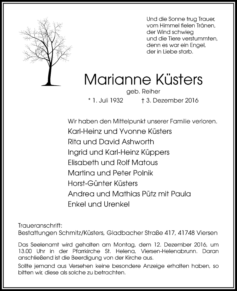  Traueranzeige für Marianne Küsters vom 07.12.2016 aus Rheinische Post