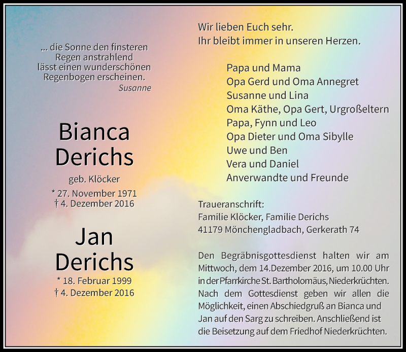  Traueranzeige für Bianca und Jan Derichs vom 10.12.2016 aus Rheinische Post