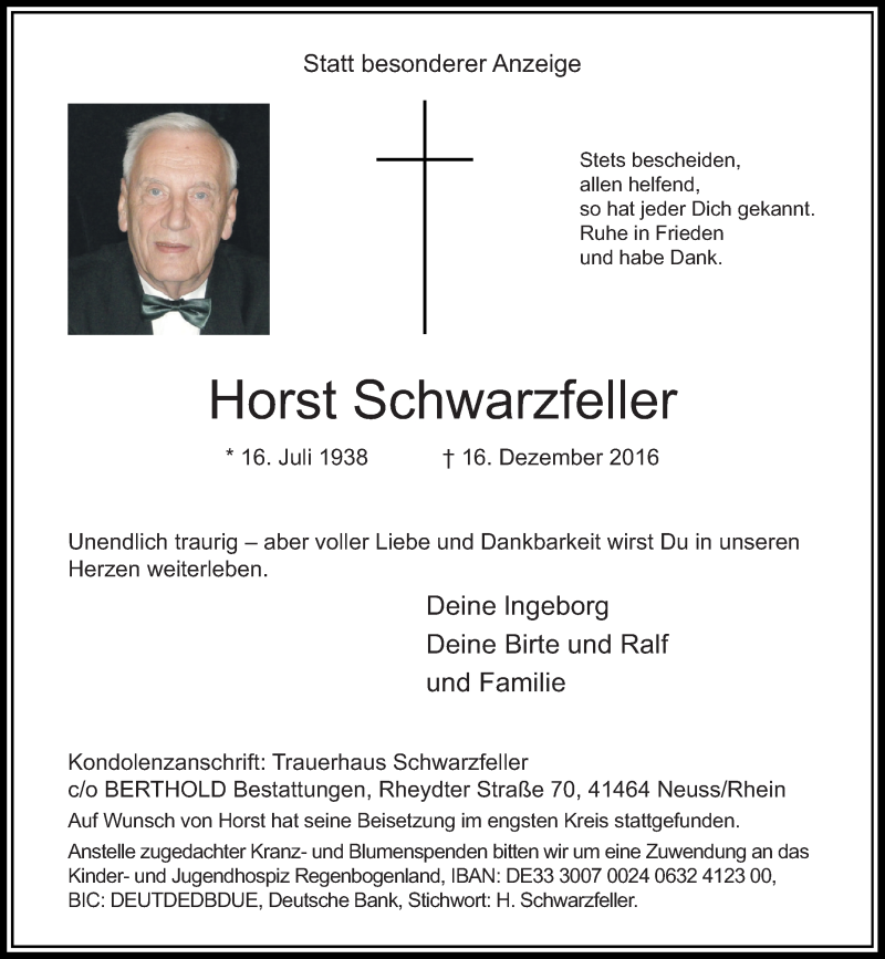  Traueranzeige für Horst Schwarzfeller vom 24.12.2016 aus Rheinische Post