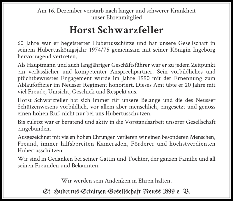  Traueranzeige für Horst Schwarzfeller vom 24.12.2016 aus Rheinische Post