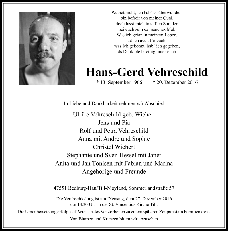  Traueranzeige für Hans-Gerd Vehreschild vom 23.12.2016 aus Rheinische Post