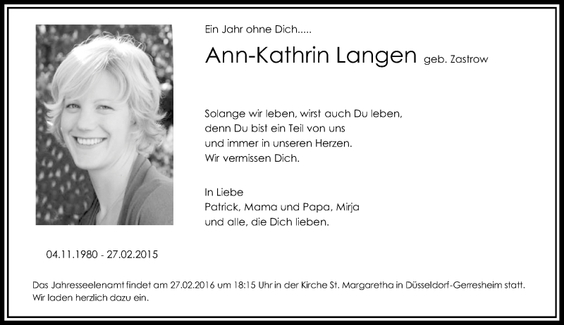  Traueranzeige für Ann-Kathrin Langen vom 27.02.2016 aus Rheinische Post