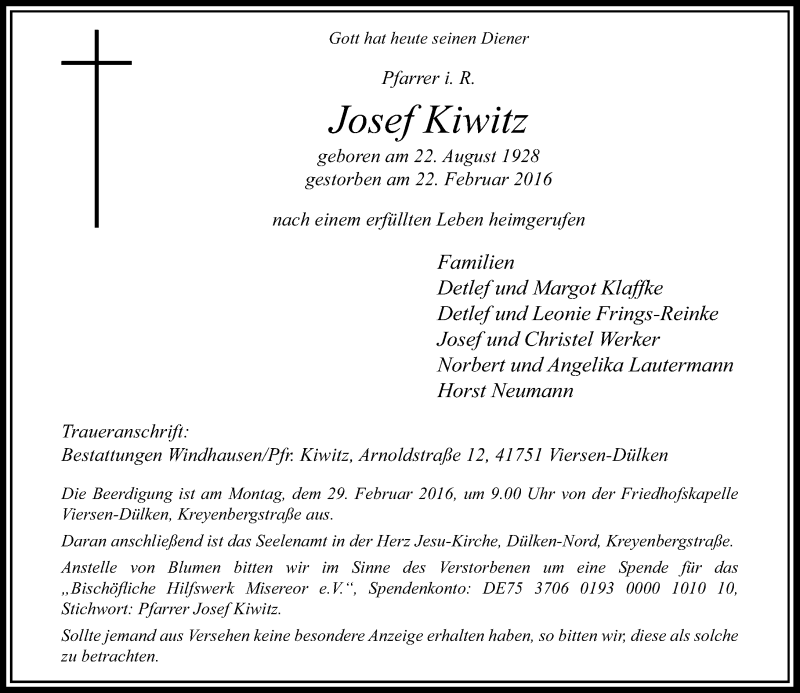  Traueranzeige für Josef Kiwitz vom 24.02.2016 aus Rheinische Post