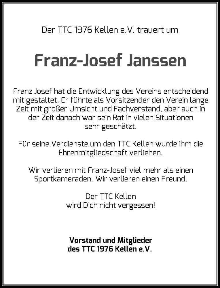 Alle Traueranzeigen für Franz Josef Janssen trauer rp online de