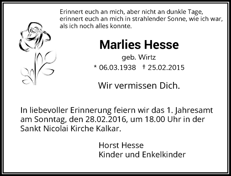 Alle Traueranzeigen für Marlies Hesse trauer rp online de