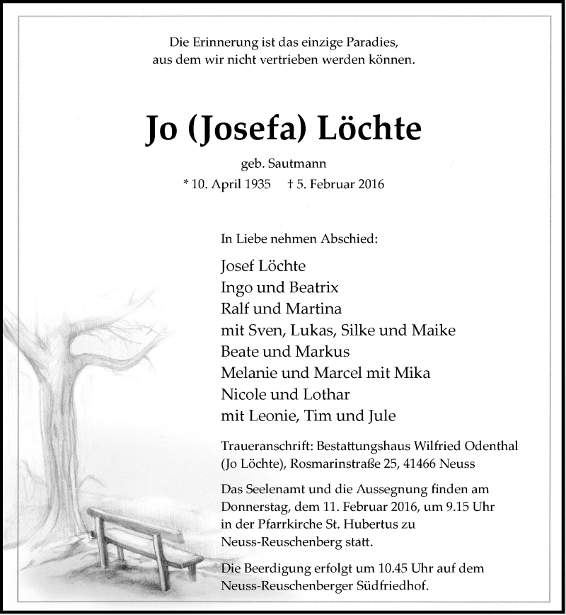  Traueranzeige für Josefa Löchte vom 09.02.2016 aus Rheinische Post