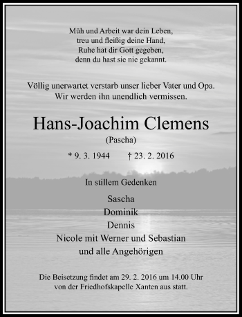 Alle Traueranzeigen F R Hans Joachim Clemens Trauer Rp Online De