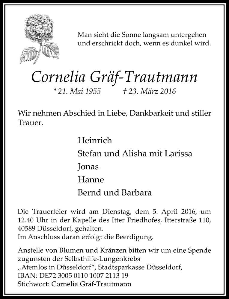  Traueranzeige für Cornelia Gräf-Trautmann vom 30.03.2016 aus Rheinische Post
