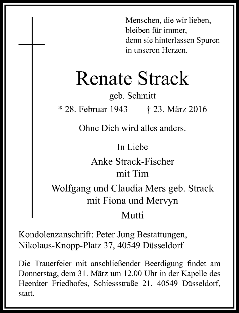  Traueranzeige für Renate Strack vom 26.03.2016 aus Rheinische Post