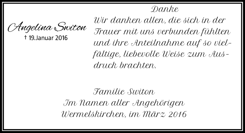  Traueranzeige für Angelina Switon vom 19.03.2016 aus Rheinische Post