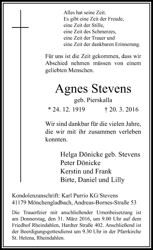 Alle Traueranzeigen F R Agnes Stevens Trauer Rp Online De