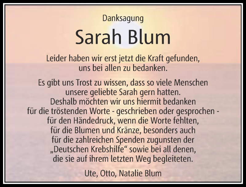  Traueranzeige für Sarah Blum vom 05.03.2016 aus Rheinische Post