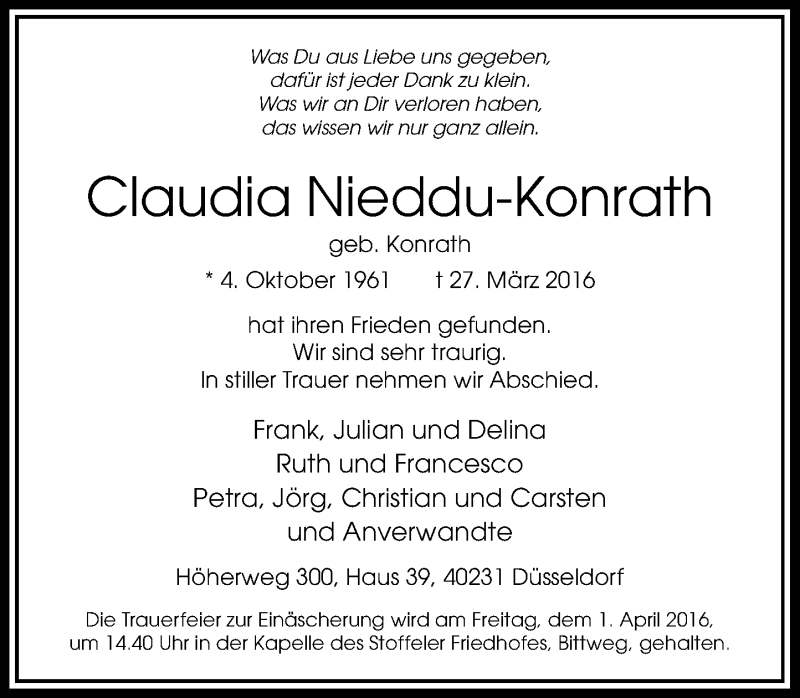  Traueranzeige für Claudia Nieddu-Konrath vom 30.03.2016 aus Rheinische Post
