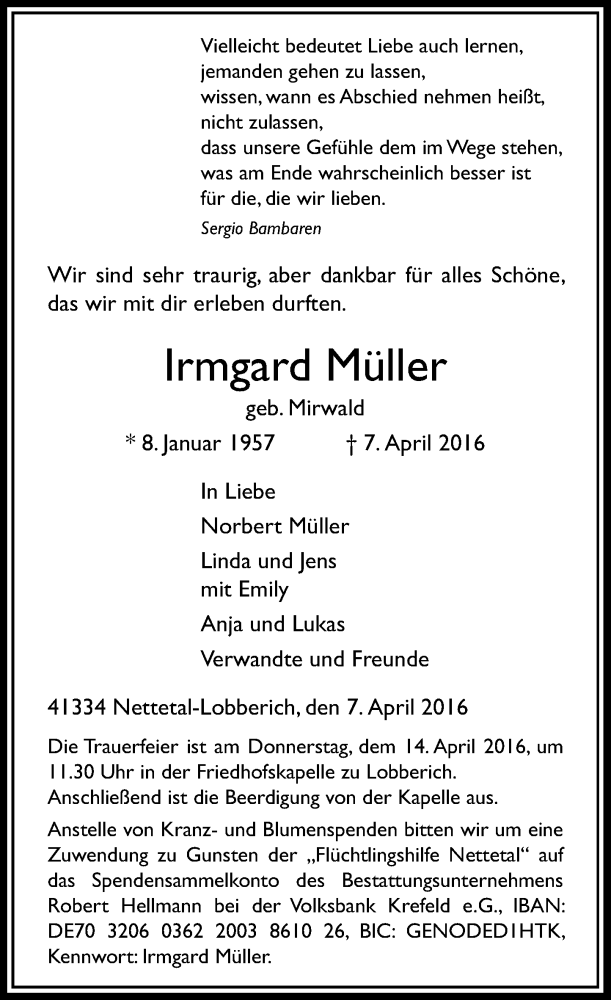  Traueranzeige für Irmgard Müller vom 09.04.2016 aus Rheinische Post
