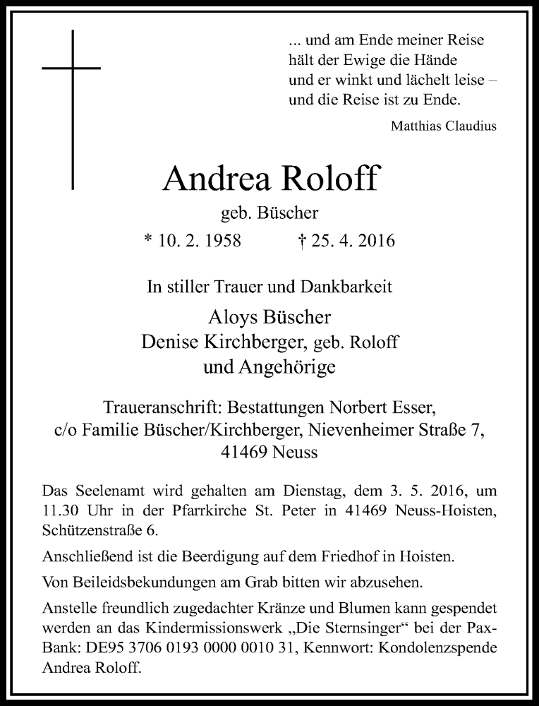  Traueranzeige für Andrea Roloff vom 28.04.2016 aus Rheinische Post