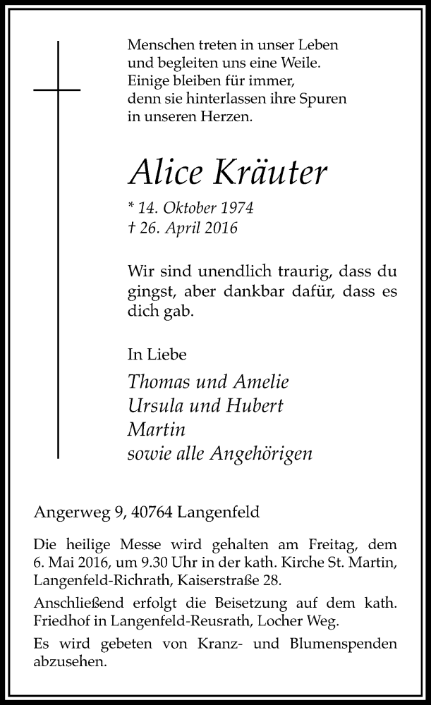  Traueranzeige für Alice Kräuter vom 30.04.2016 aus Rheinische Post