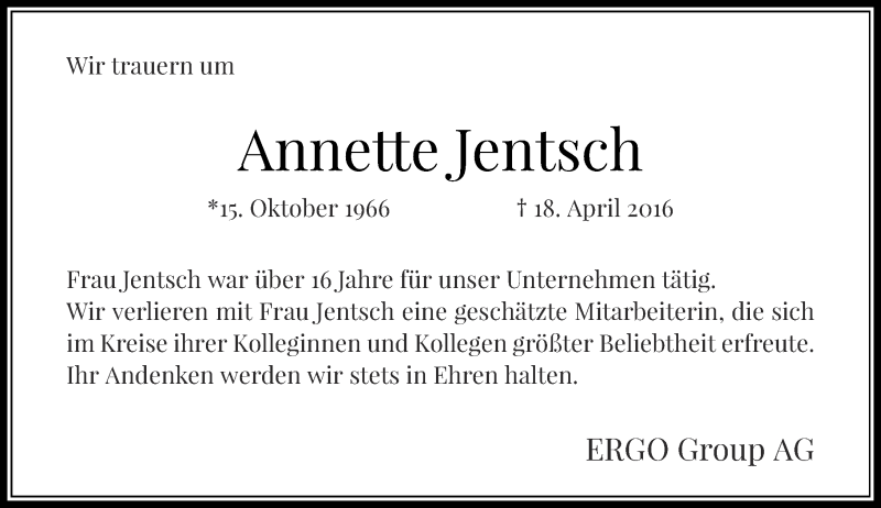  Traueranzeige für Annette Jentsch vom 23.04.2016 aus Rheinische Post