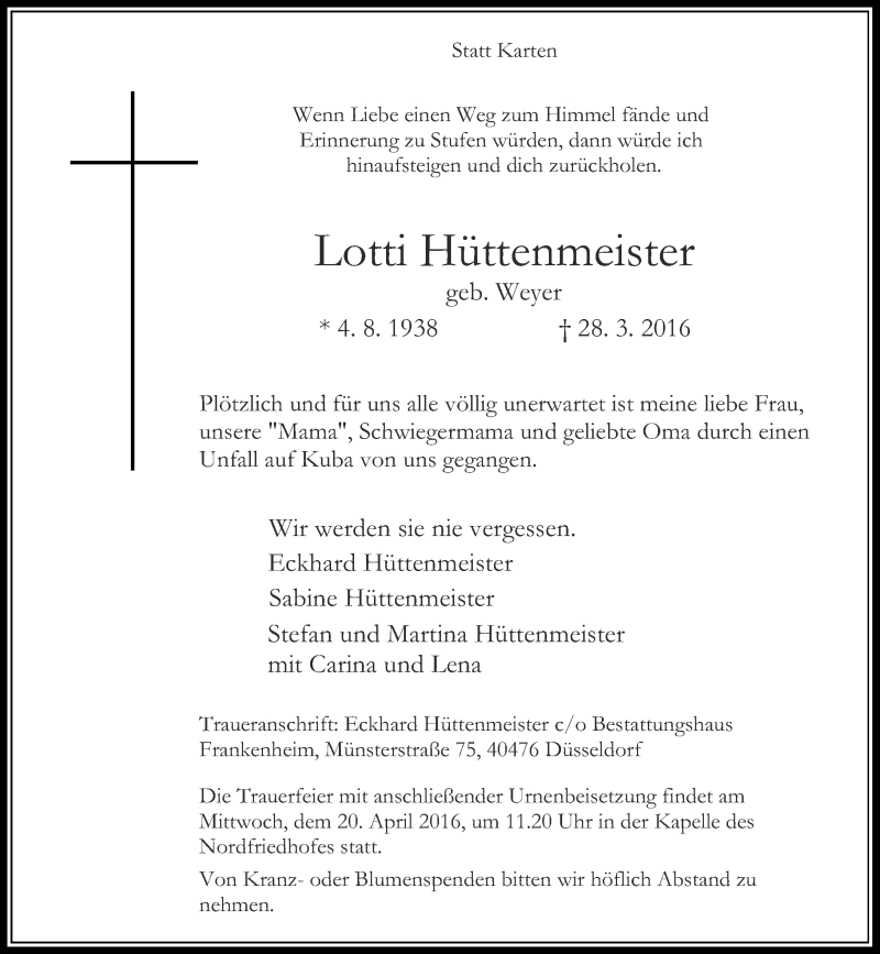  Traueranzeige für Lotti Hüttenmeister vom 16.04.2016 aus Rheinische Post