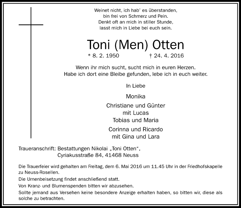  Traueranzeige für Toni Otten vom 30.04.2016 aus Rheinische Post