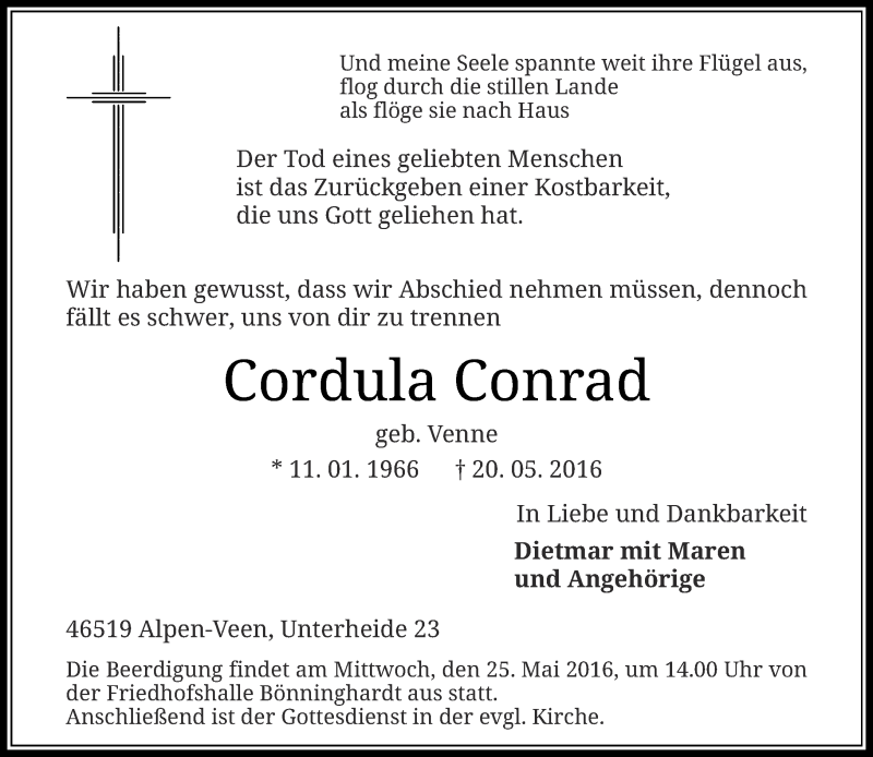  Traueranzeige für Cordula Conrad vom 23.05.2016 aus Rheinische Post