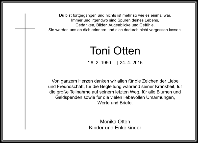  Traueranzeige für Toni Otten vom 21.05.2016 aus Rheinische Post
