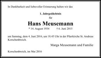 Traueranzeige von Hans Meusemann von Rheinische Post