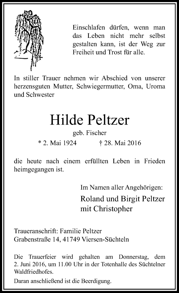 Alle Traueranzeigen für Hilde Peltzer trauer rp online de