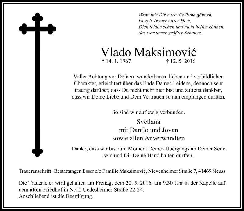  Traueranzeige für Vlado Maksimovic vom 18.05.2016 aus Rheinische Post