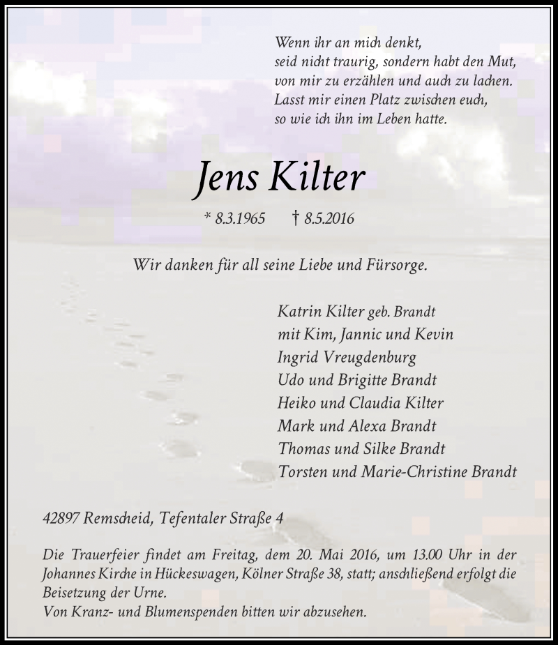  Traueranzeige für Jens Kilter vom 14.05.2016 aus Rheinische Post