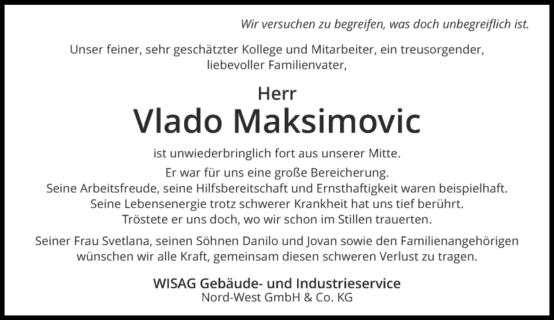  Traueranzeige für Vlado Maksimovic vom 20.05.2016 aus Rheinische Post