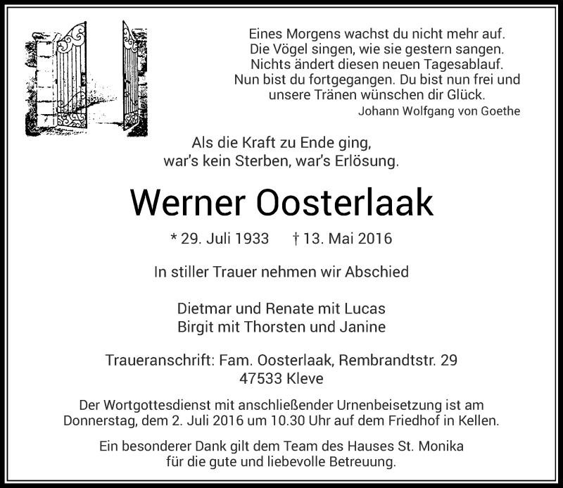  Traueranzeige für Werner Oosterlaak vom 30.05.2016 aus Rheinische Post