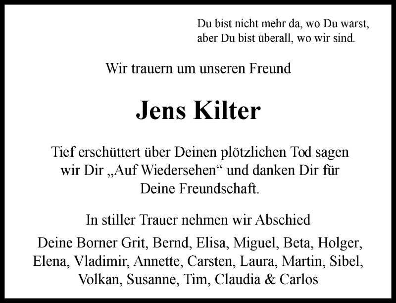  Traueranzeige für Jens Kilter vom 19.05.2016 aus Rheinische Post