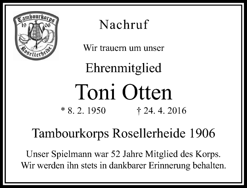  Traueranzeige für Toni Otten vom 03.05.2016 aus Rheinische Post