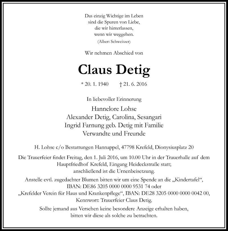  Traueranzeige für Claus Detig vom 25.06.2016 aus Rheinische Post