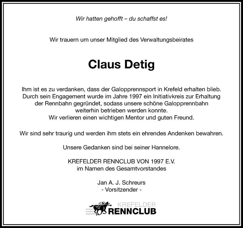  Traueranzeige für Claus Detig vom 29.06.2016 aus Rheinische Post