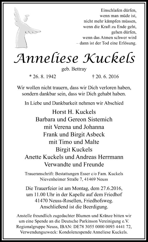  Traueranzeige für Anneliese Kuckels vom 22.06.2016 aus Rheinische Post