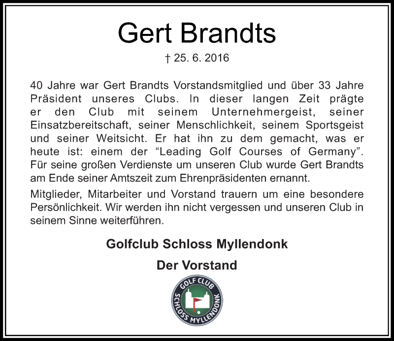  Traueranzeige für Gert Brandts vom 29.06.2016 aus Rheinische Post
