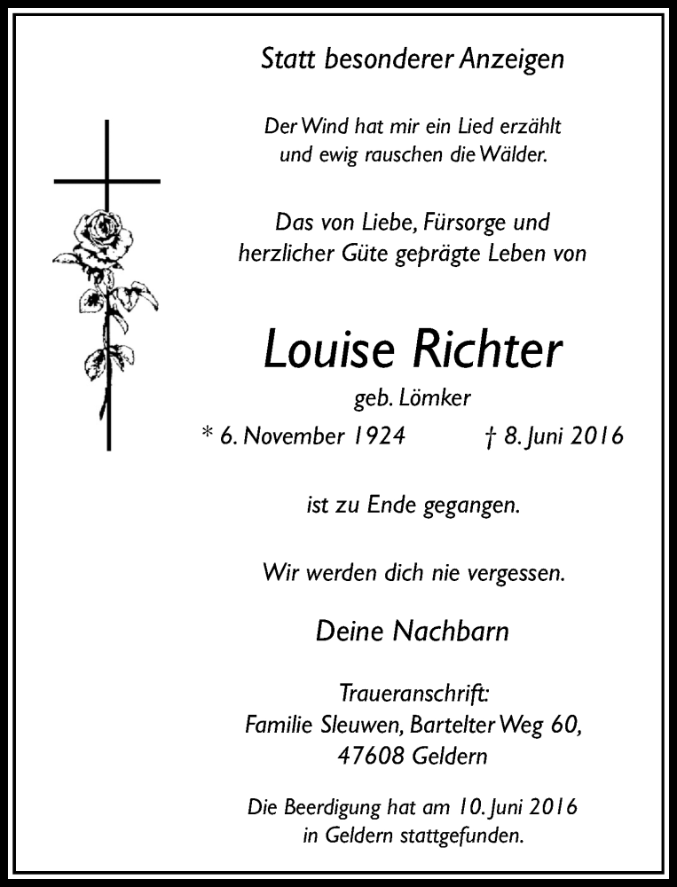 Alle Traueranzeigen F R Louise Richter Trauer Rp Online De