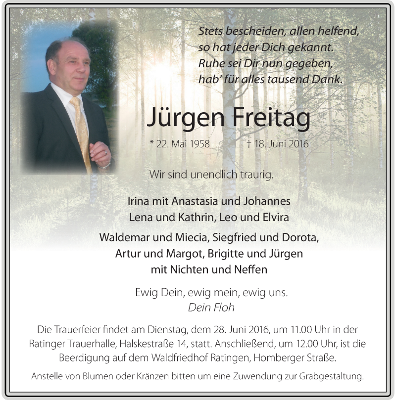  Traueranzeige für Jürgen Freitag vom 25.06.2016 aus Rheinische Post