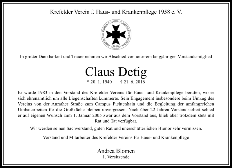  Traueranzeige für Claus Detig vom 29.06.2016 aus Rheinische Post