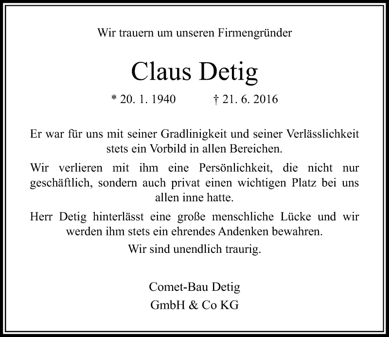  Traueranzeige für Claus Detig vom 25.06.2016 aus Rheinische Post