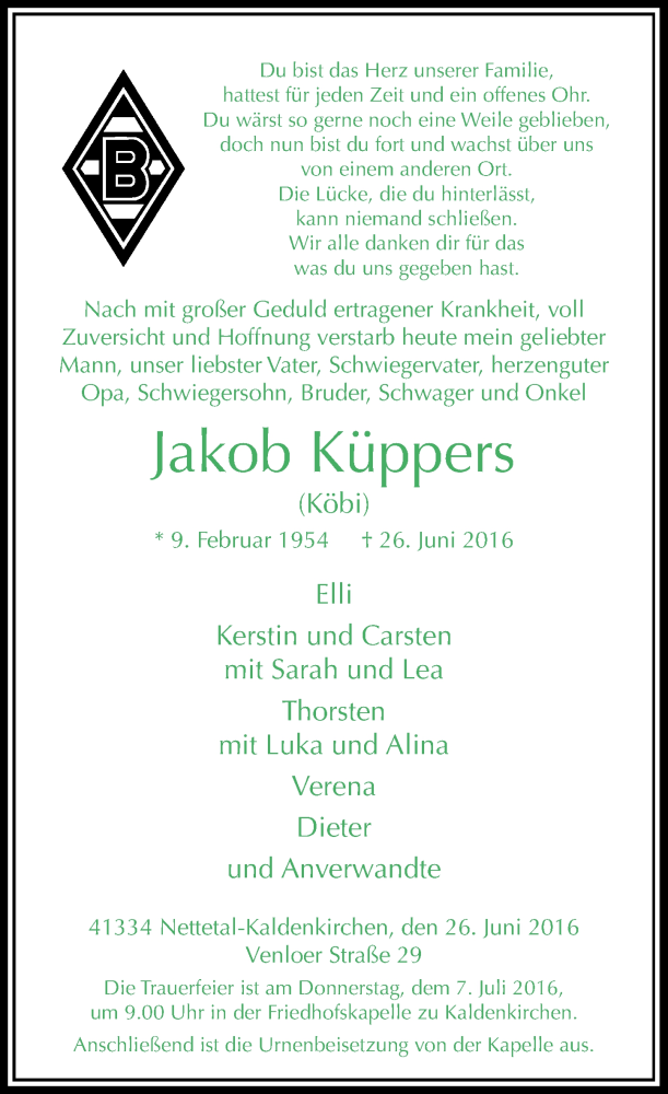  Traueranzeige für Jakob Küppers vom 29.06.2016 aus Rheinische Post